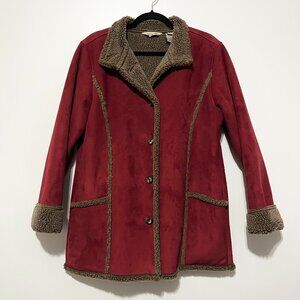 LL Bean Womens Faux Suede Sherpa Lined Coat Sz M Red Cabincore Apres Ski Lodge
